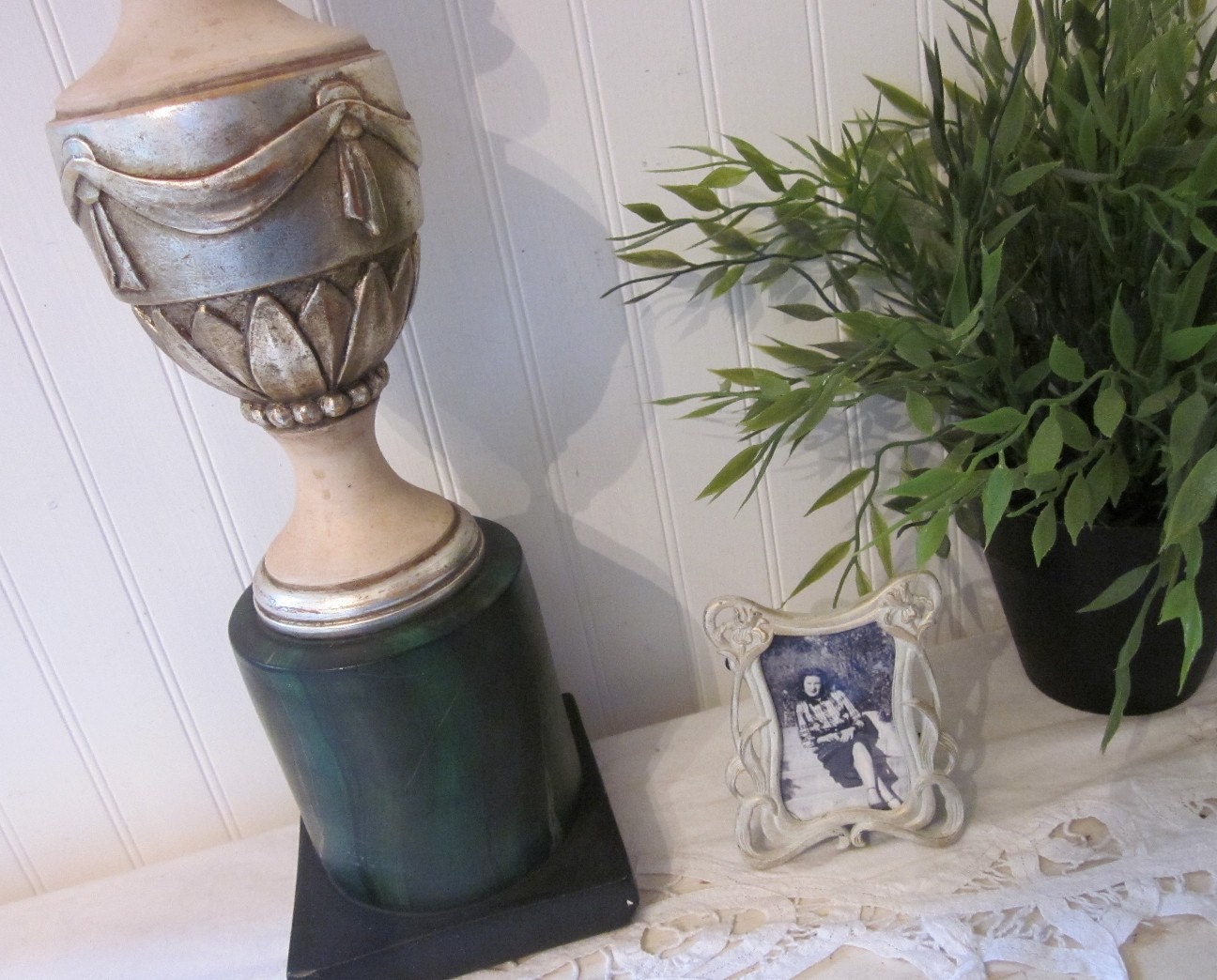 vintage Borghese Table Lamp. Art Deco. Greco Roman. Hollywood Regency. Green, Cream & Silver. Classic accent light. Rustic charm