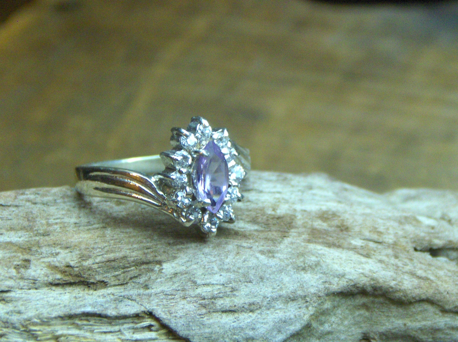 Vintage Sterling Silver, Marquise Amethyst and CZ Engagement, mothers day, Valentines day or promise ring