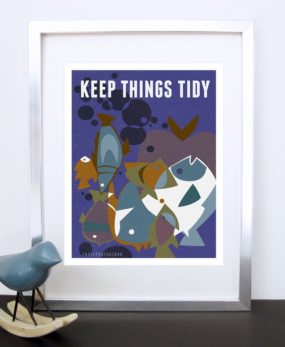 Pet Care Poster Print, Fish Aquarium Art, Fine Art Print - Keep Things Tidy - Original Illustration - 11x14 Poster Print