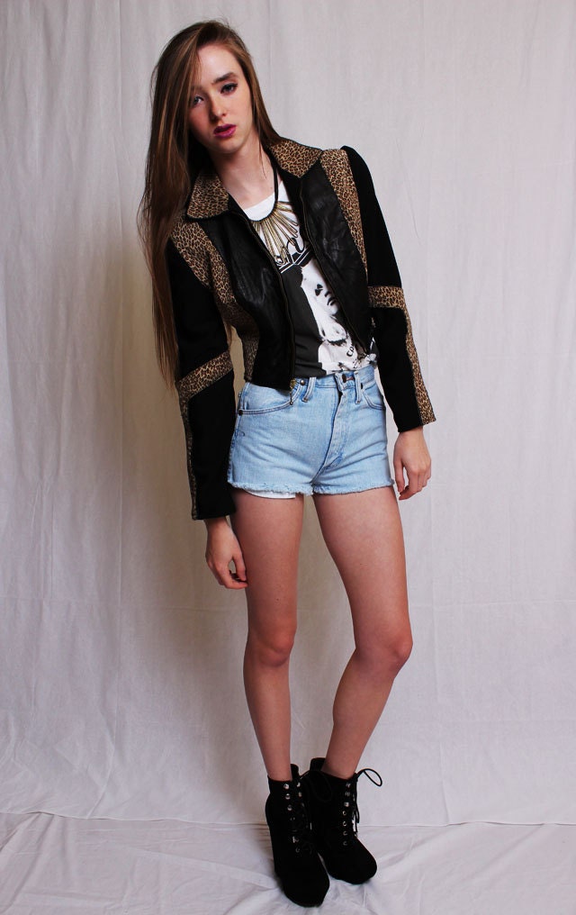 Vtg 1980s Edgy Leather Leopard Rocker Cropped Panel Jacket S