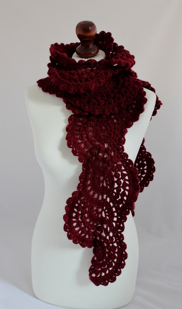 Crocheted long lace scarf color burgundy oxblood