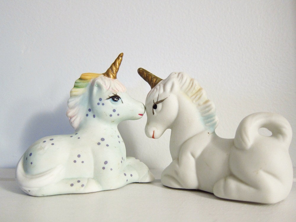 vintage porcelain Unicorns, polka dot and rainbow magic, set of 2