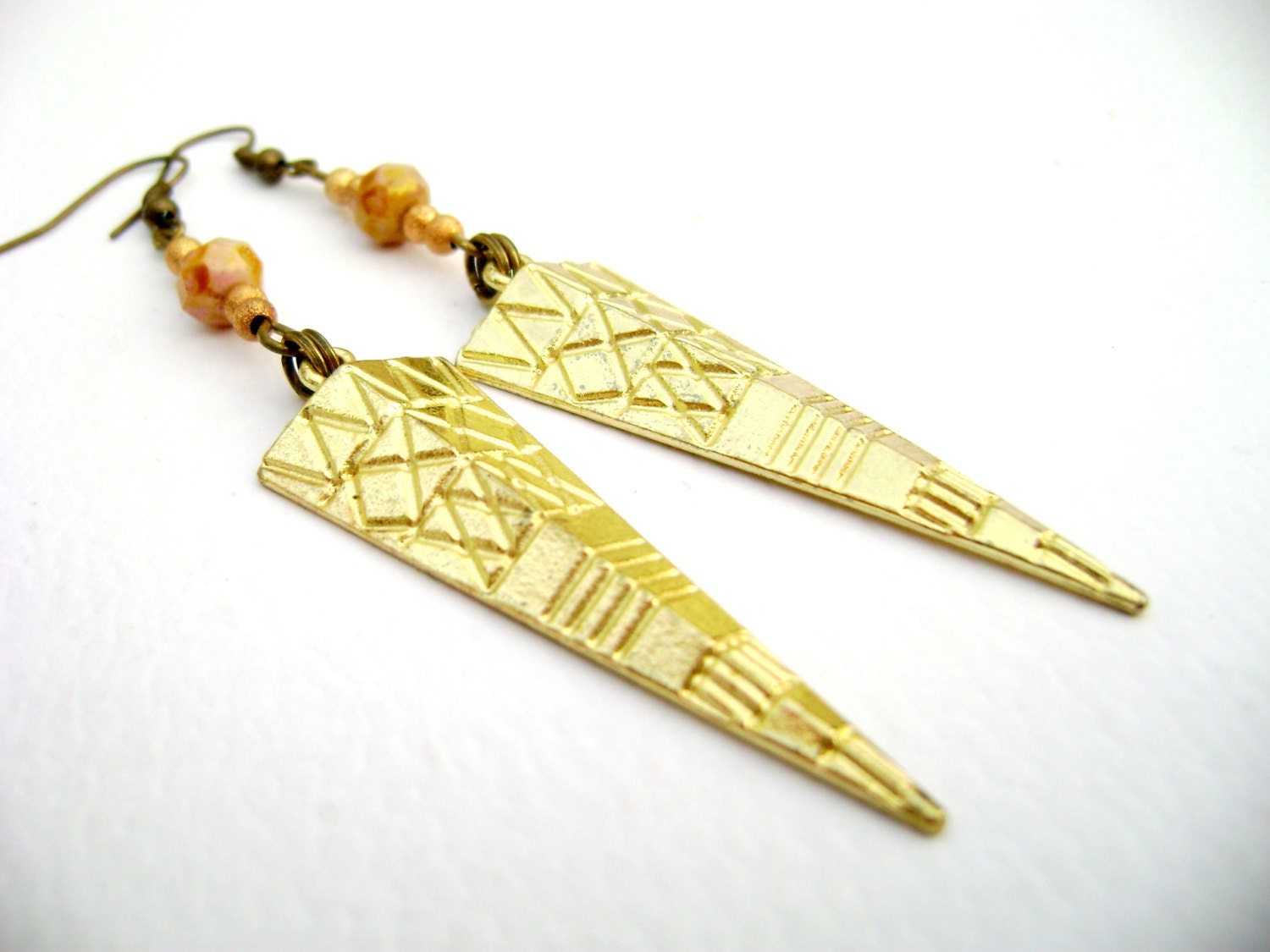 Tribal - long geometric tribal triangle golden and pink boho earrings