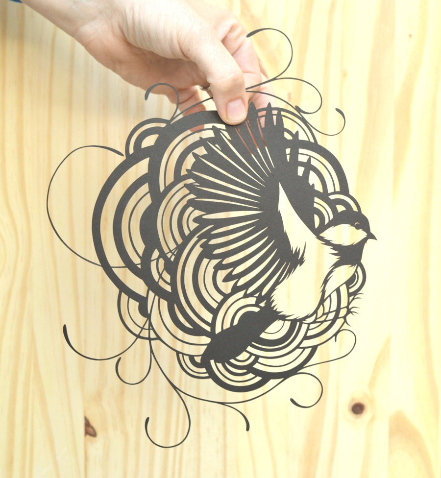 chickadee in flight . original papercut . 11x14