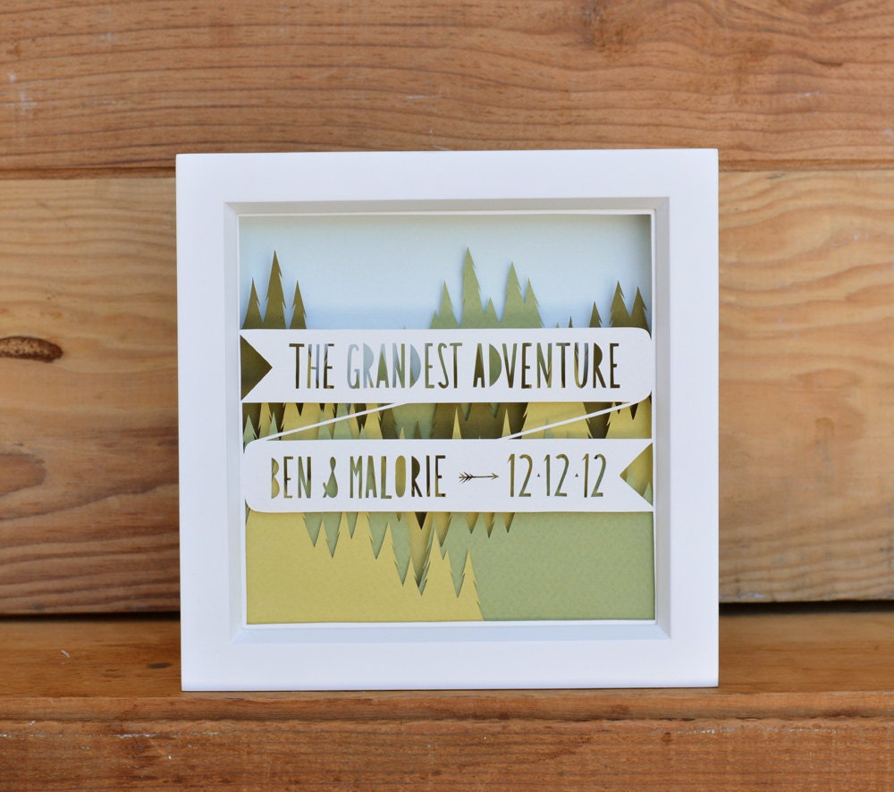 the grandest adventure . wedding gift / keepsake . cut paper shadow box . 5x5