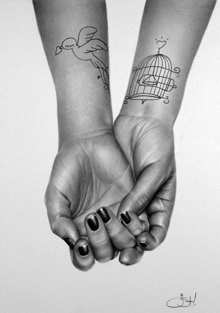 Pencil Drawing Hands Tattoo Archival Fine Art Print Signed by Artist