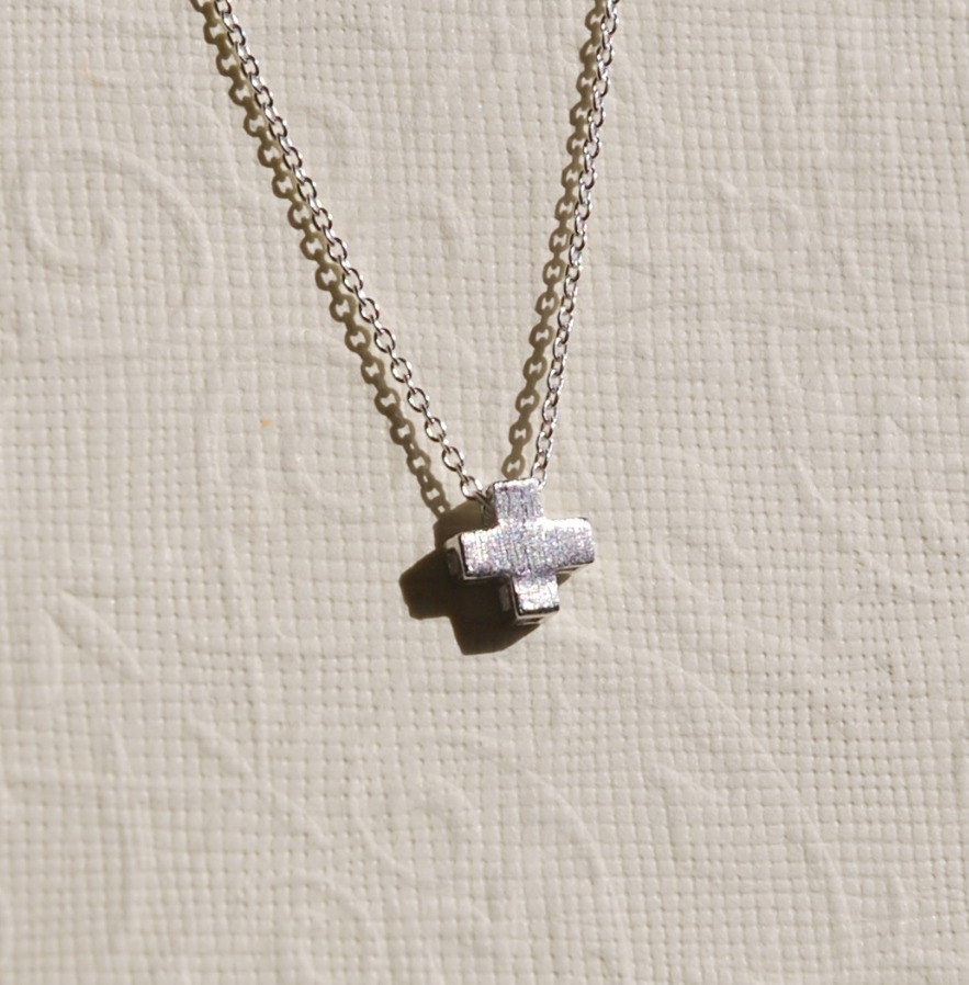 Silver cross necklace - little matte silver cross pendant - tiny cross - sterling silver chain - modern everyday jewelry - Ariel