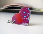 Wooden Heart Key chain Made from Recycled Skateboard Burgundy with Geometric Shapes