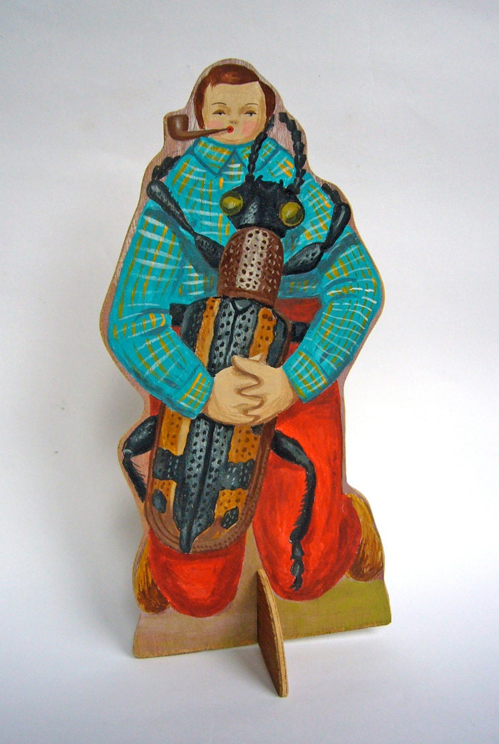 Hand painted wooden sculpture - Man and Giant Beetle