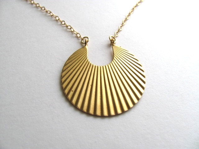 Egyptian sunburst pendant necklace, gold tone round pendant on 14k gold plate chain