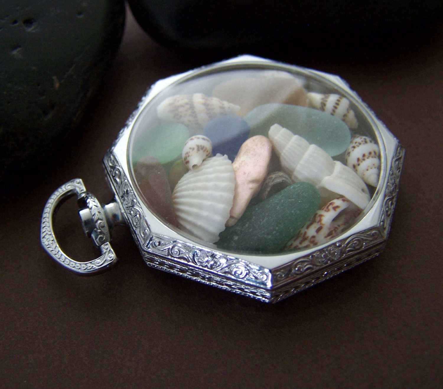 Short Sands Beach Locket - New Old Stock Vintage Pocket Watch Case with Sea Glass Treasures
