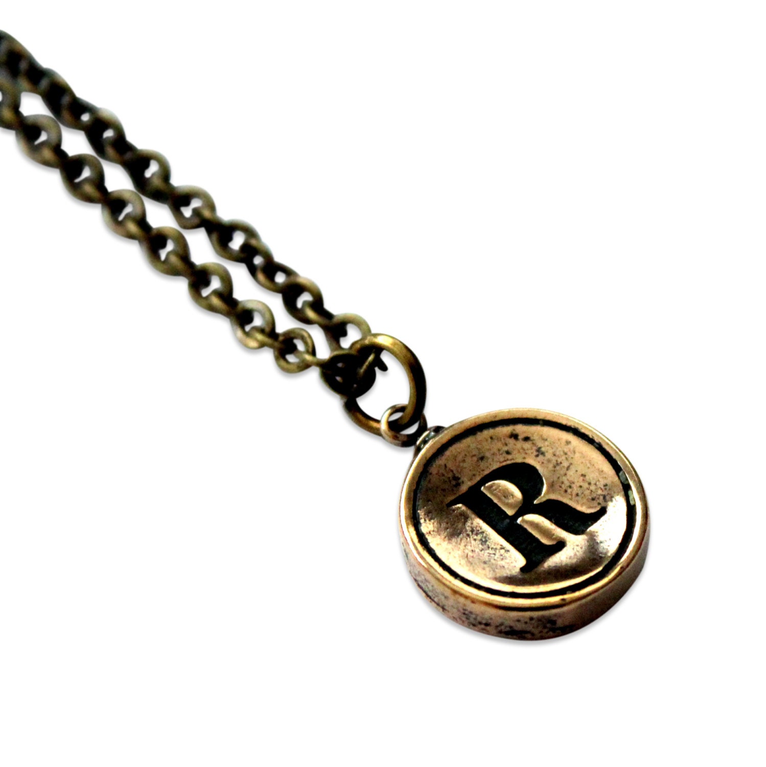 Letter R Necklace - Bronze Initial Typewriter Key Charm Necklace - Gwen Delicious Jewelry Design