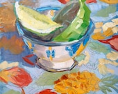 limes in moroccan bowl, oil painting, 6"x6",