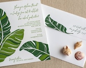 Letterpress Invitation - SAMPLE - tropical palm leaves in lush green, destination wedding