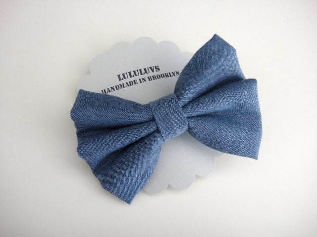 Medium Blue Chambray Fabric Bow Hair Clip