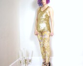 80s Psychedelic Print  Creamsicle Crushed Velvet Leggings (S)