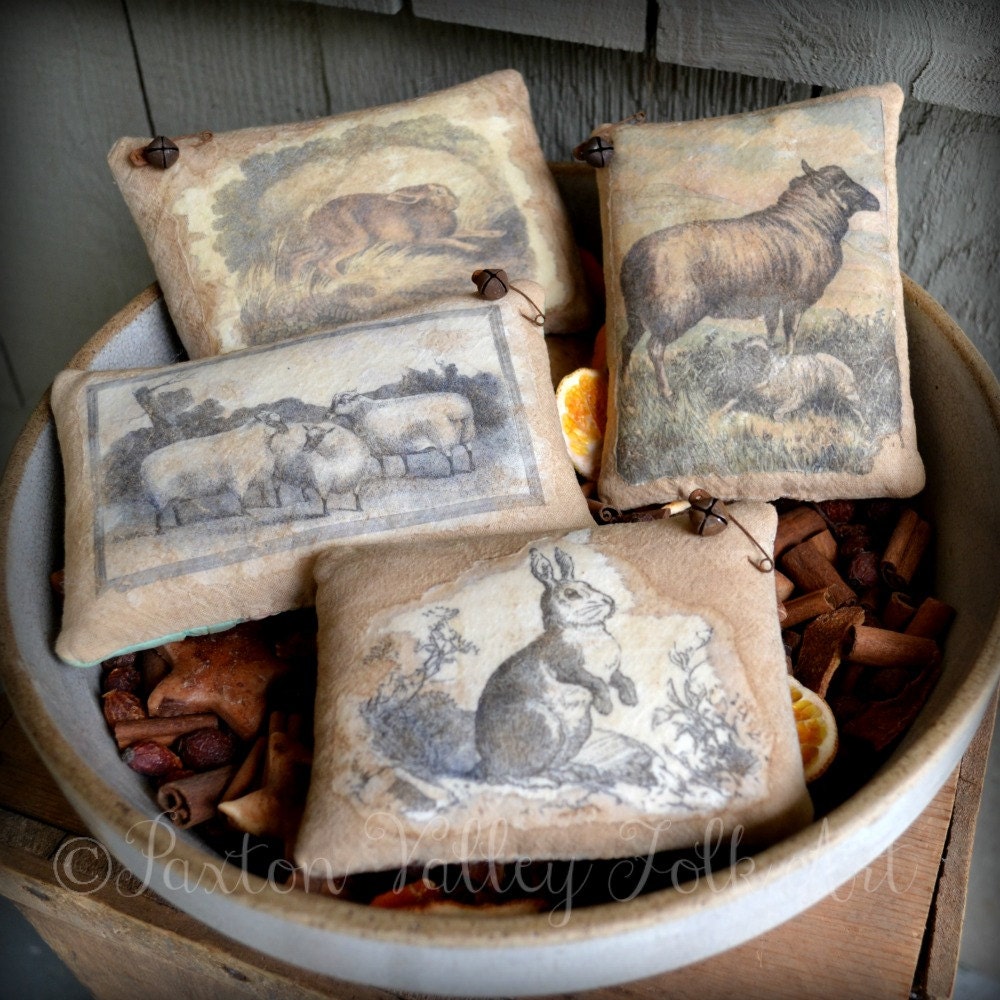 Sheep and Rabbit Bowl Fillers Four Vintage Image Pillow Tucks Rustic Cutter Quilt and Muslin Stash Abouts