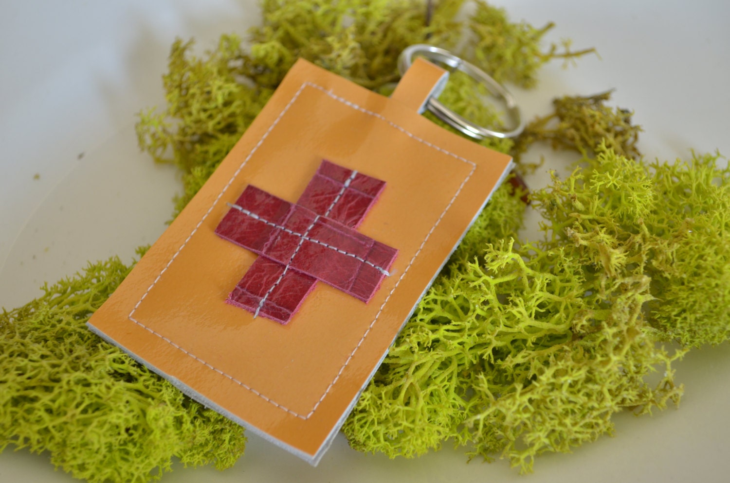 Genuine Leather Key Chain - handmade - Swiss Cross