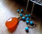 Carnelian and Turquoise Gemstone Necklace in 14k Gold Filled, Wire Wrapped, Pendant Necklace, Southwestern Summer Jewelry