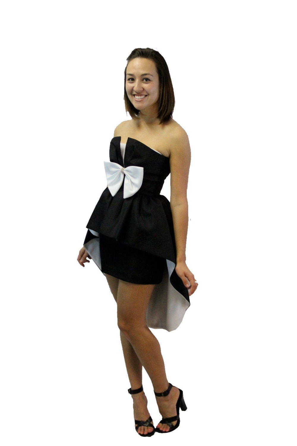 SALE - Strapless Vintage Mini Dress w Asymmetric Overskirt Black and White XS