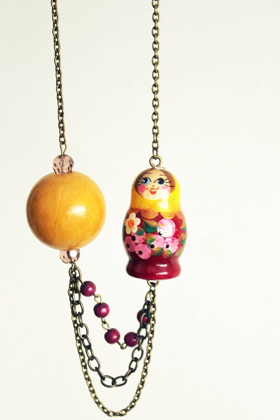 Yellow Wooden Babushka Long Necklace