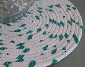 Emerald and Ivory Round Fabric Coiled Mat / Mug Rug / Trivet / Hot Pad by PrairieThreads
