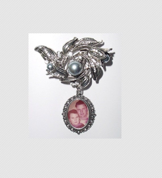 Memorial Photo Brooch Silver Floral Crystal Gems Pearls - FREE SHIPPING