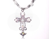 Wedding Bouquet Memorial Photo Oval Metal Charm Holy Cross Silver Iridescent Crystal Gems Pearls Tibetan Beads - Free SHIPPING