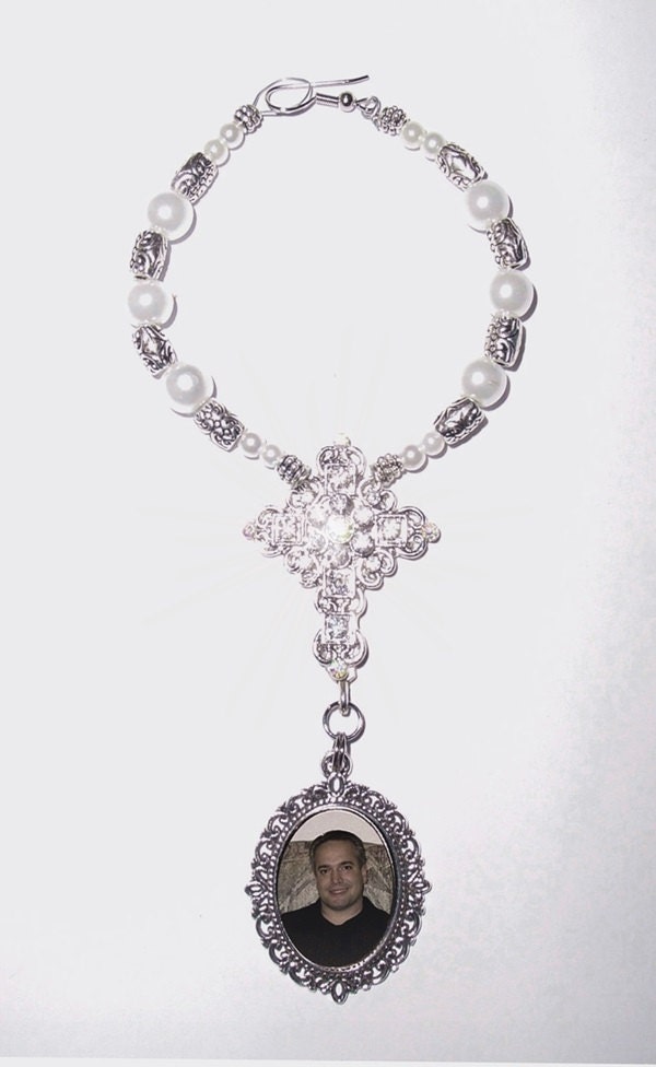 Wedding Bouquet Memorial Photo Oval Metal Charm Holy Cross Silver Clear Crystal Gems Pearls Tibetan Beads - Free SHIPPING
