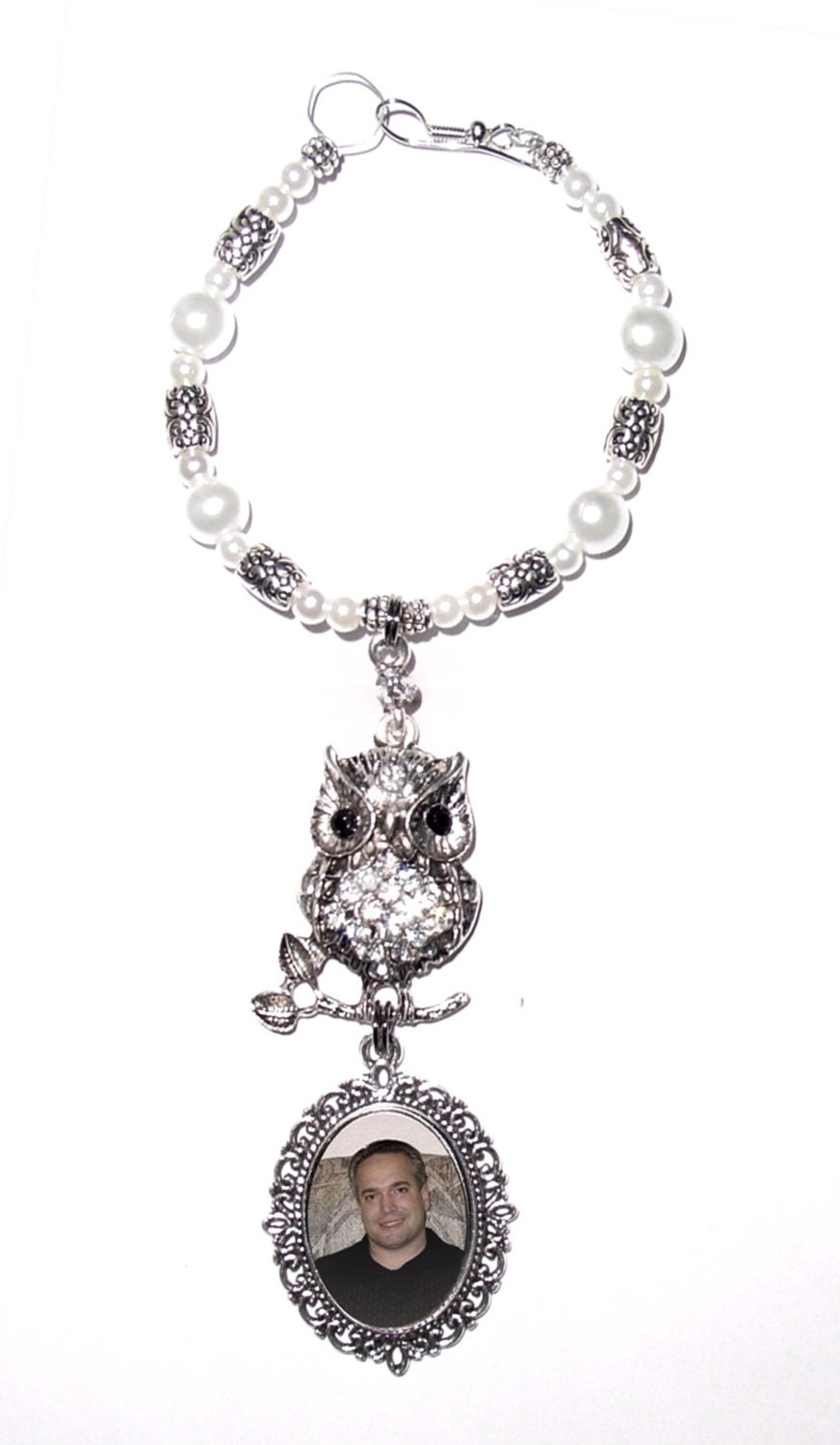 Wedding Bouquet Memorial Photo Metal Charm Silver Owl Crystals Gems Pearls Silver Tibetan Beads - FREE SHIPPING