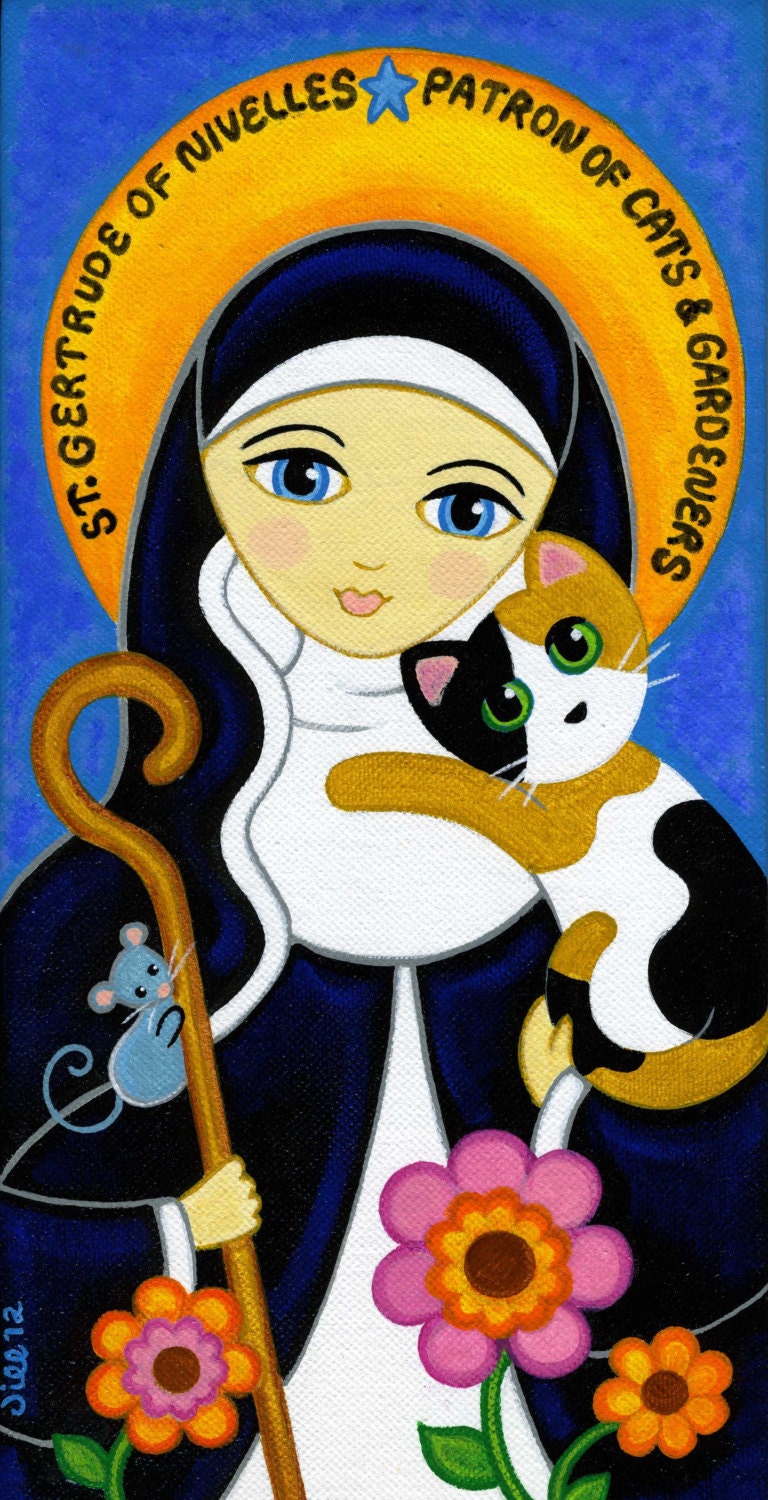 Saint GERTRUDE of Nivelles & CAT Art PRINT from Original Painting by Jill