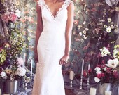 Cap Sleeved V neck Mermaid Lace Wedding Gown, Low back, Buttons, Train, "Rosaline" Wedding Gown from Schone Bridal