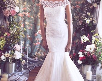 French Lace Bateau Cap Sleeve Off Shoulder Gown, Soft and Airy Mermaid Skirt, Silk Tulle and Duchess Satin, Illusion Neckline, the "Paloma"