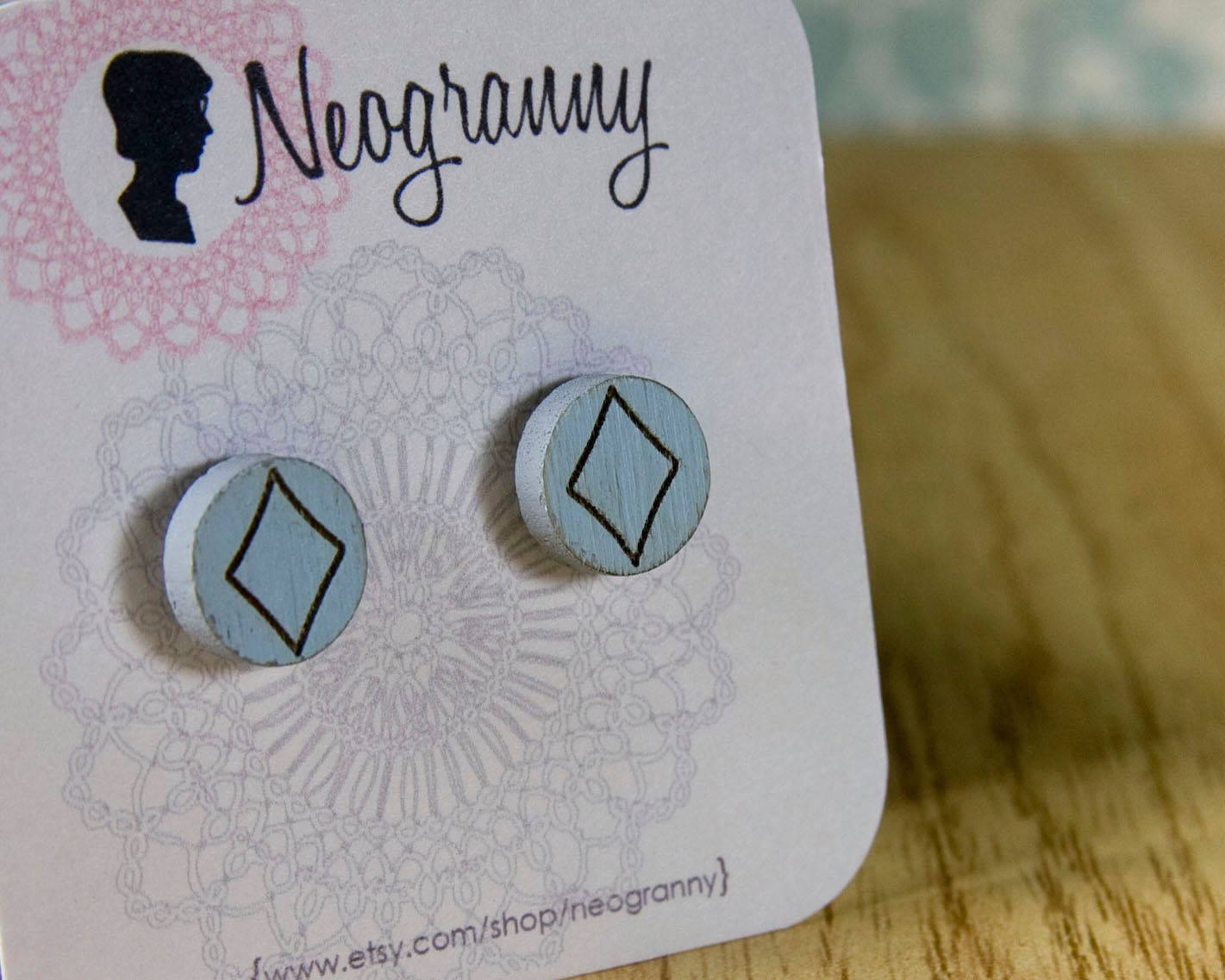 Diamond Studs- Hand Painted Wood Earrings