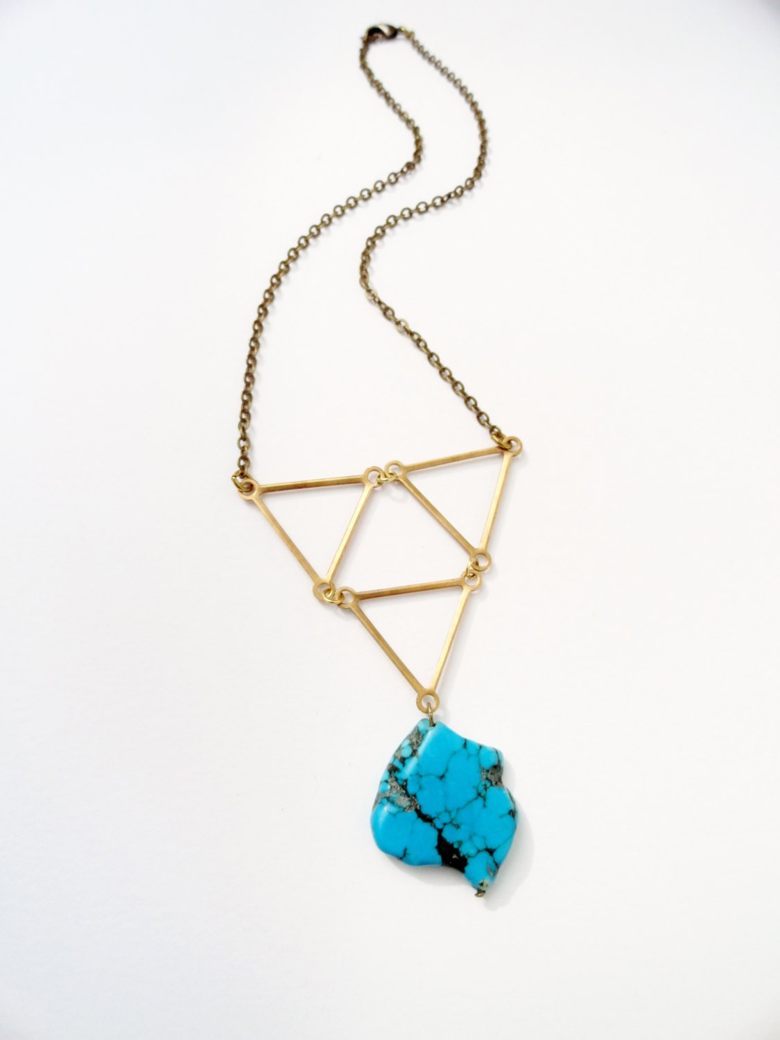 30% OFF COUPON SALE - Brass Triangles and Turquoise Pendant Necklace