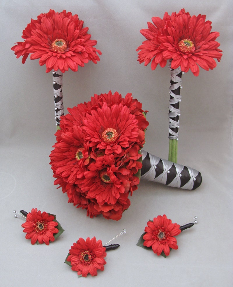 Reserved - Gerber Daisy Wedding Flower Package Bridal Bouquet Bridesmaid Bouquets Boutonnieres Real Touch Gerber Daisies