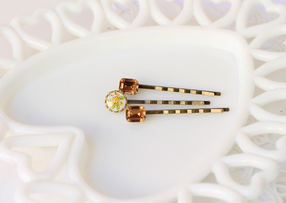 Amber and Cameo - Set of Three Vintage Stone Hairpins
