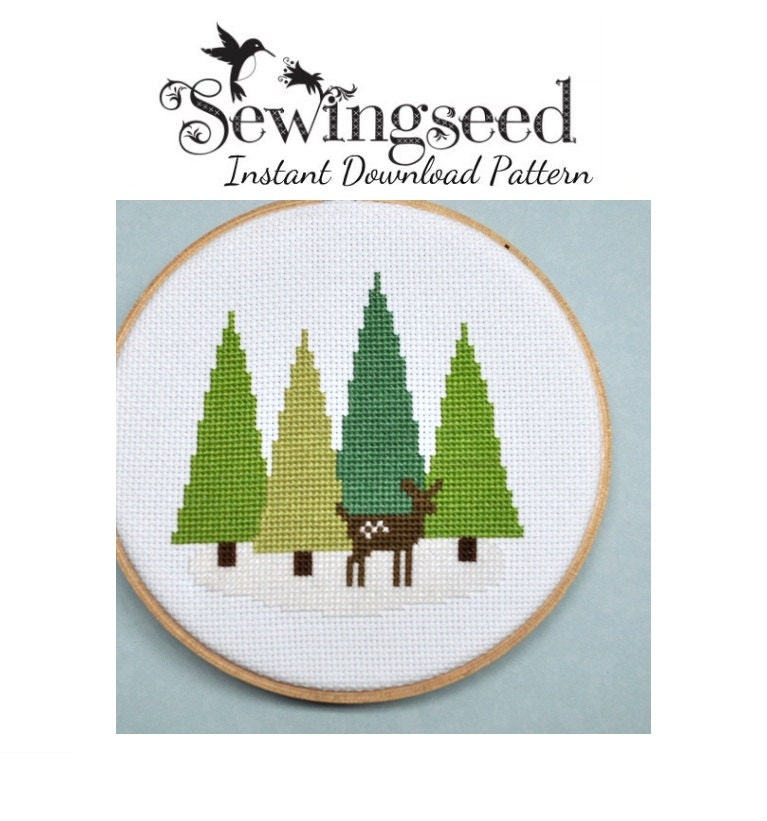 INSTANT DOWNLOAD Deer in the Forest, Woodland Winter Cross Stitch Pattern
