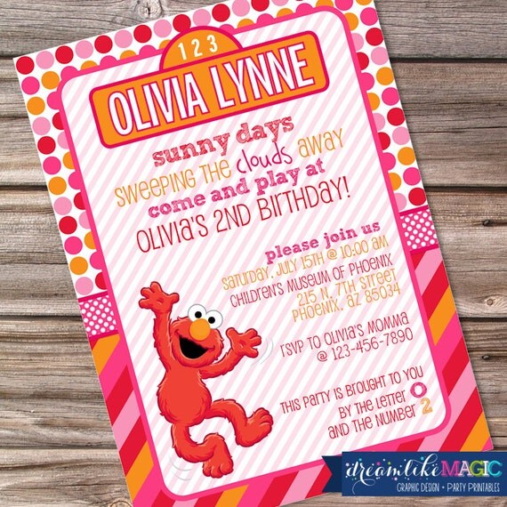 Printable Party Invitation-Pink Orange and Elmo with Street Sign Il_570xn