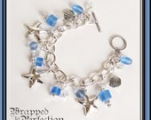 Beach Charm Bracelet / Starfish / Shells / Blue / Silver / Swarovski / Summer Jewelry / Resort Jewelry