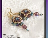 Amethyst, Blue & Gold Earrings / Crystal / Seed Beads / Beadweaving / Renaissance / Borgia Medieval Tudor / Dangle