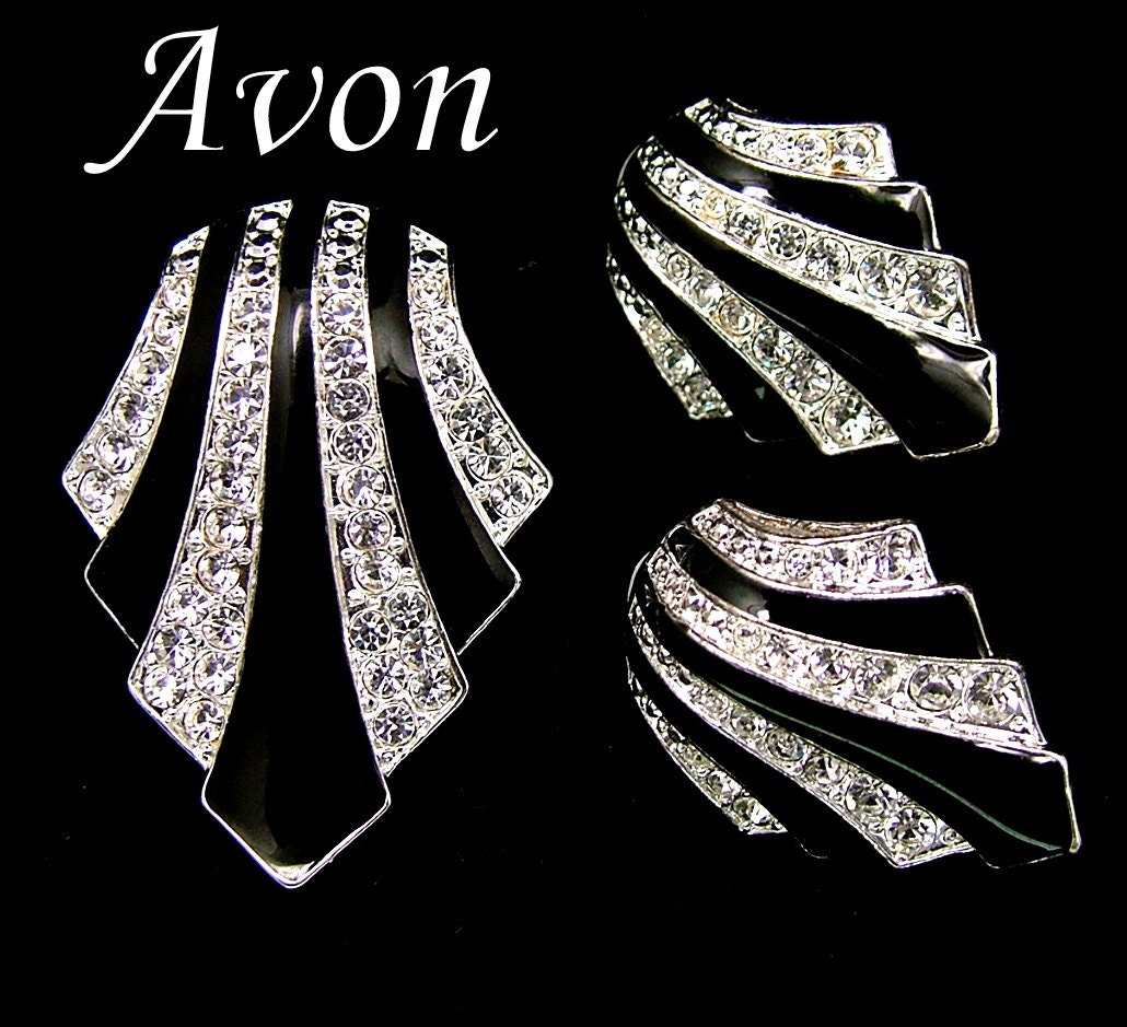 Vintage Avon Scarf Slide and Earrings Black Enamel and Clear Rhinestones