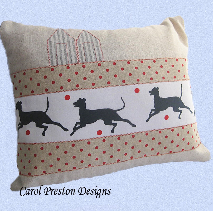 Cushion Pillow Life is a Beach - Dog- Seaside in muted chalk red black white Cotton and Linen Whippet Dogs