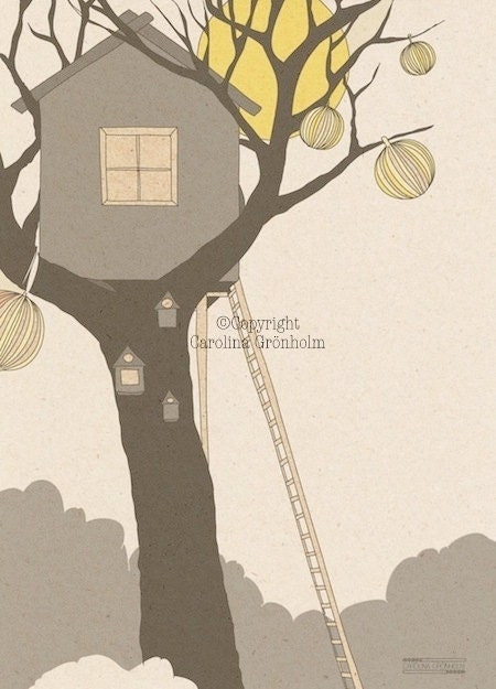 Tree House, Illustration Drawing, Children's Room Wall 8x12