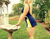 Vintage 60s Swimsuit Navy Sailor Pin Up Bathing Suit One Piece Built in Bra M L
