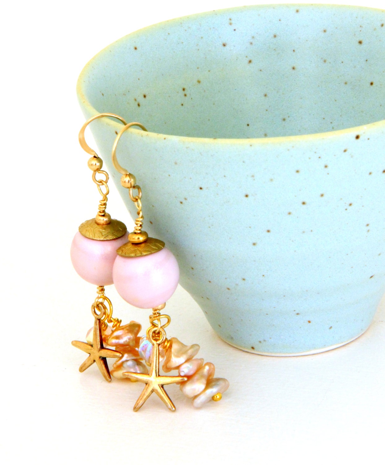 Soft Pink Bead Earrings. Glass Bead & Starfish Dangle Earrings. Glass Bead Jewelry. Lampwork Earrings. Gypsy Boho Earrings.