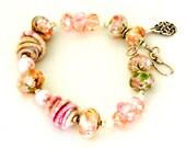 Pale Pink & Moss Green Glass Bead Bracelet. Pink and Green Statement Bracelet. Gypsy Boho Jewelry.  Glass Bead Jewelry.