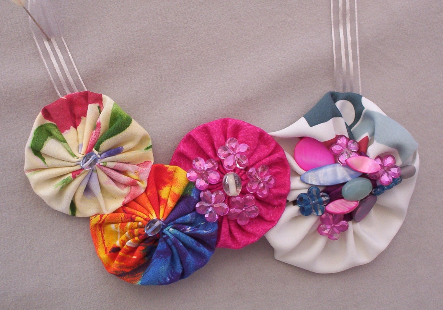 Colorful Fabric Bib Necklace w FancyRibbon