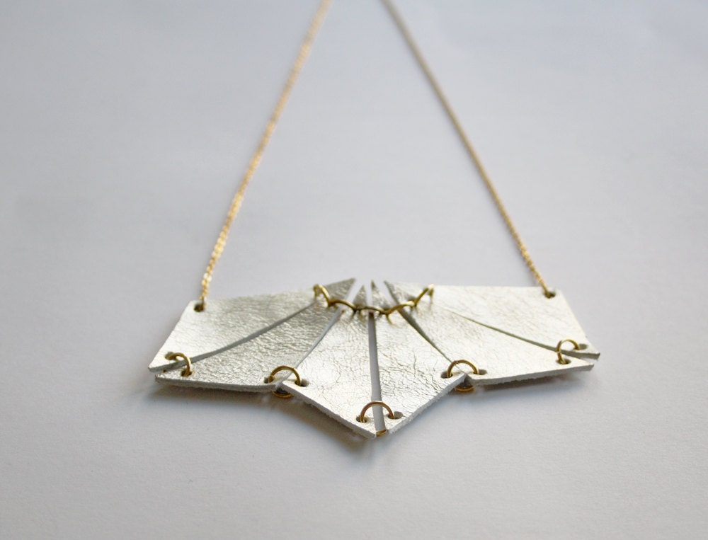 Geometric Statement Necklace, small leather triangles fan necklace, made of ivory - pearl gold leather