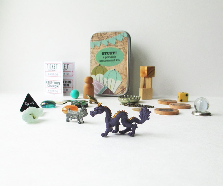 Toy set with purple dragon and scotty dog plus vintage toys and other items for creative play // travel toys // personalized